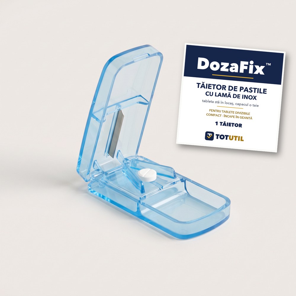 DozaFix™ – Tăietor de pastile cu lamă de inox | tableta stă în locaș, capacul o taie