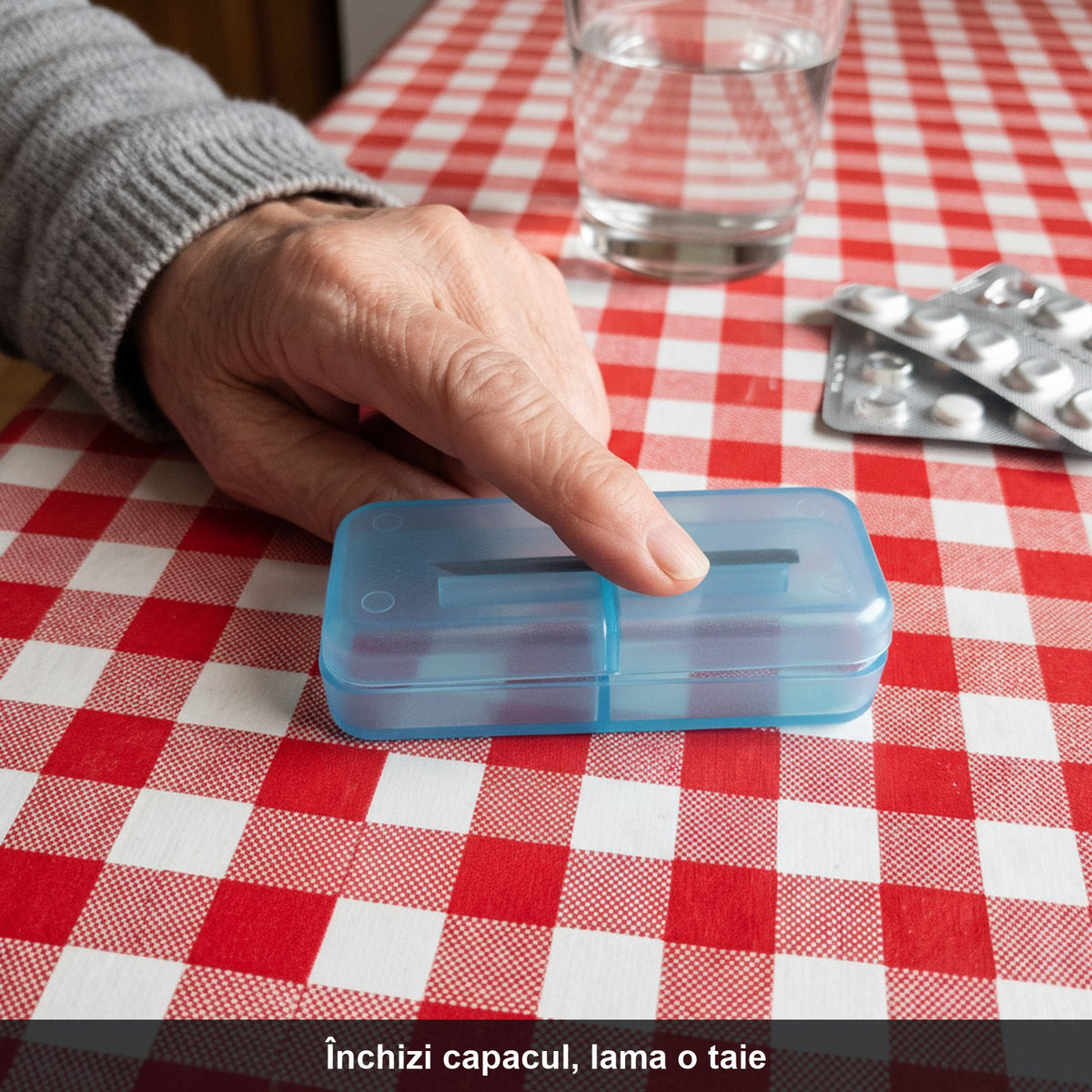 DozaFix™ – Tăietor de pastile cu lamă de inox | tableta stă în locaș, capacul o taie