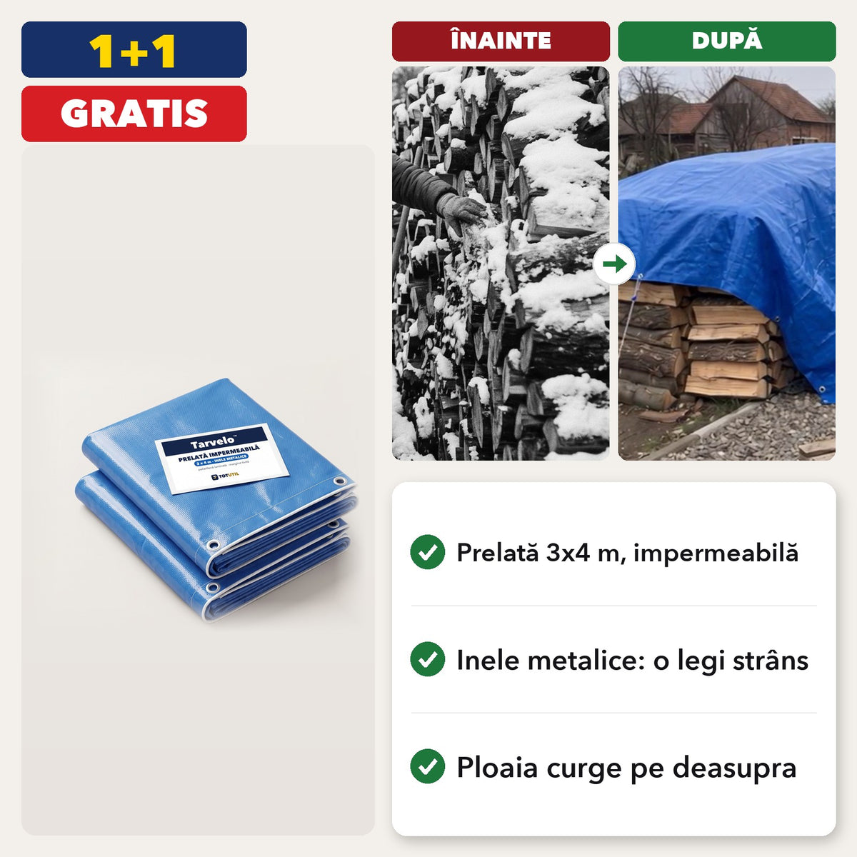 Tarvelo™ – Prelată impermeabilă 3x4 m cu inele metalice | 1+1 GRATIS de Black Friday