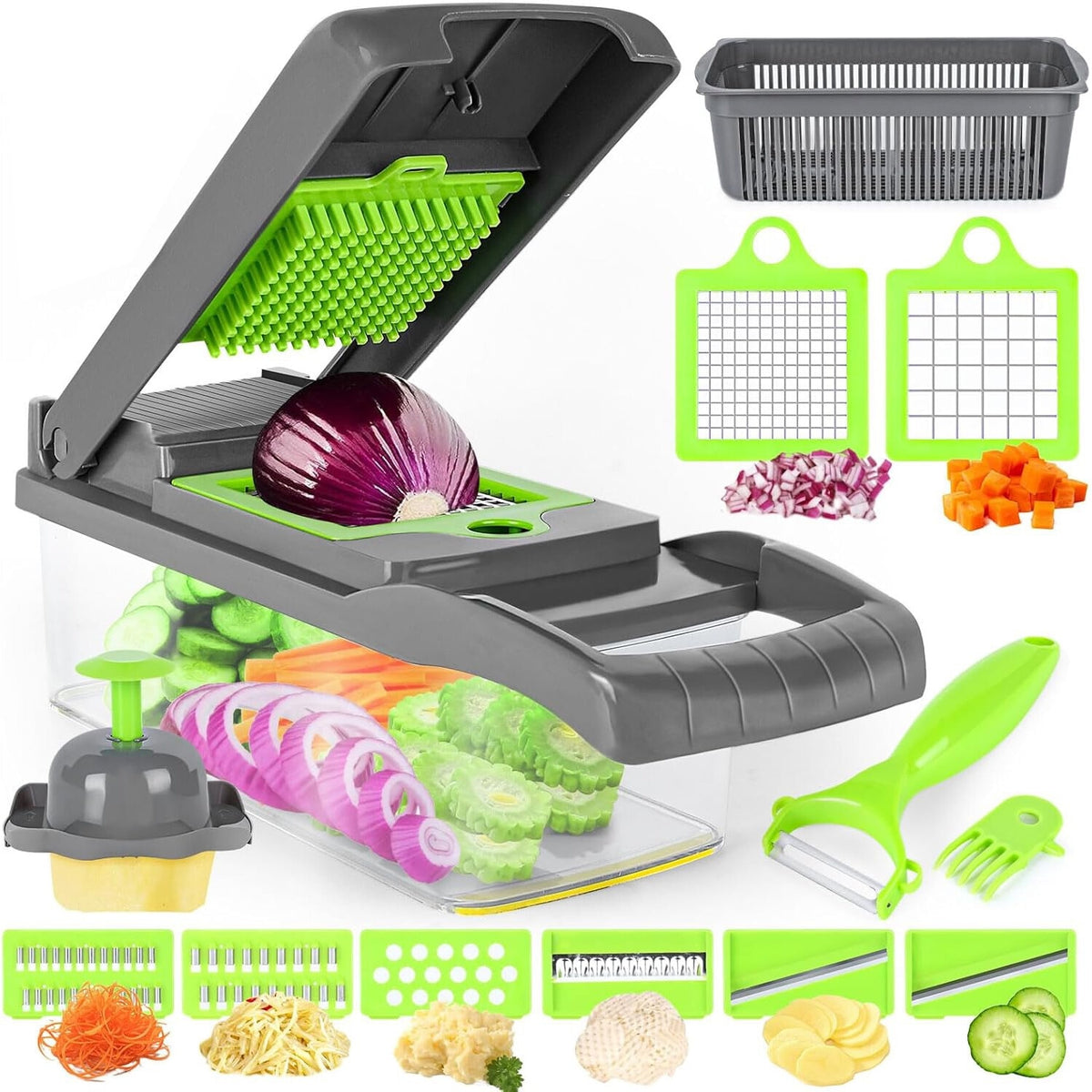 Feliator și răzătoare multifuncțional 15 în 1, lame de inox, cu recipient