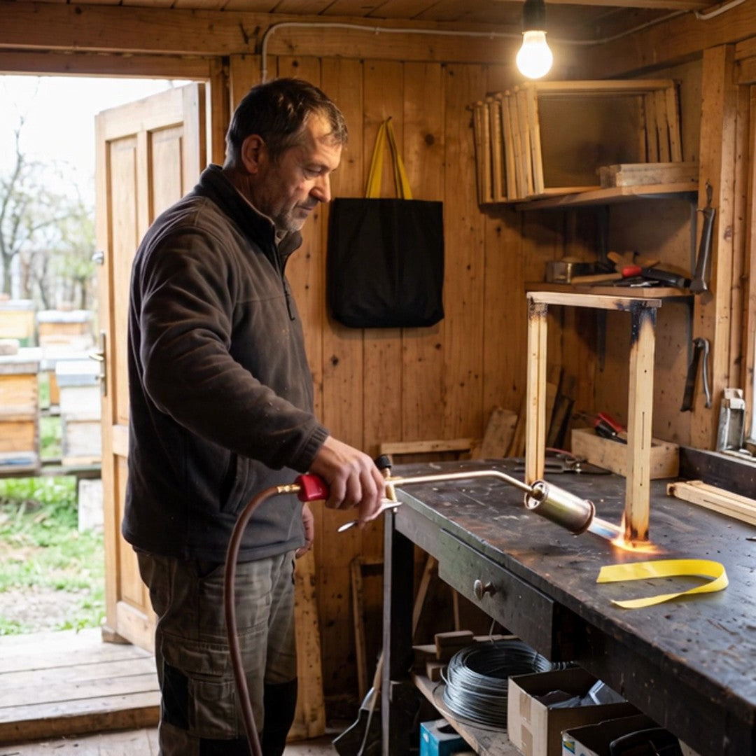 arzătorul Brenvik folosit în atelier, cu flacăra reglată din clapetă