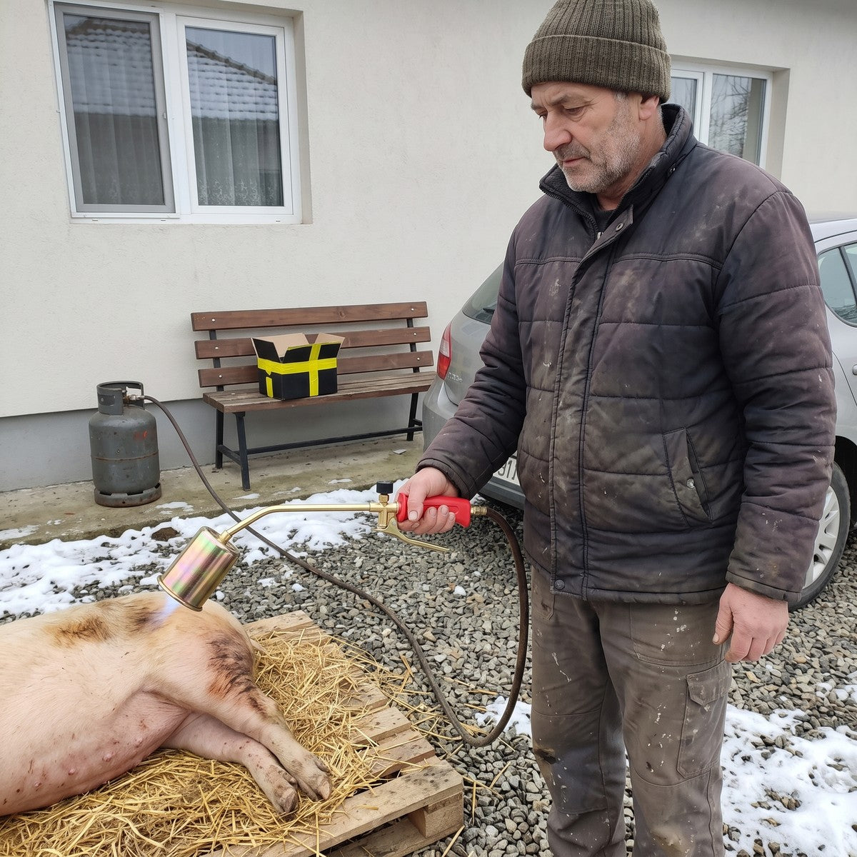 porcul pârlit stând drept, cu arzătorul Brenvik legat la butelie