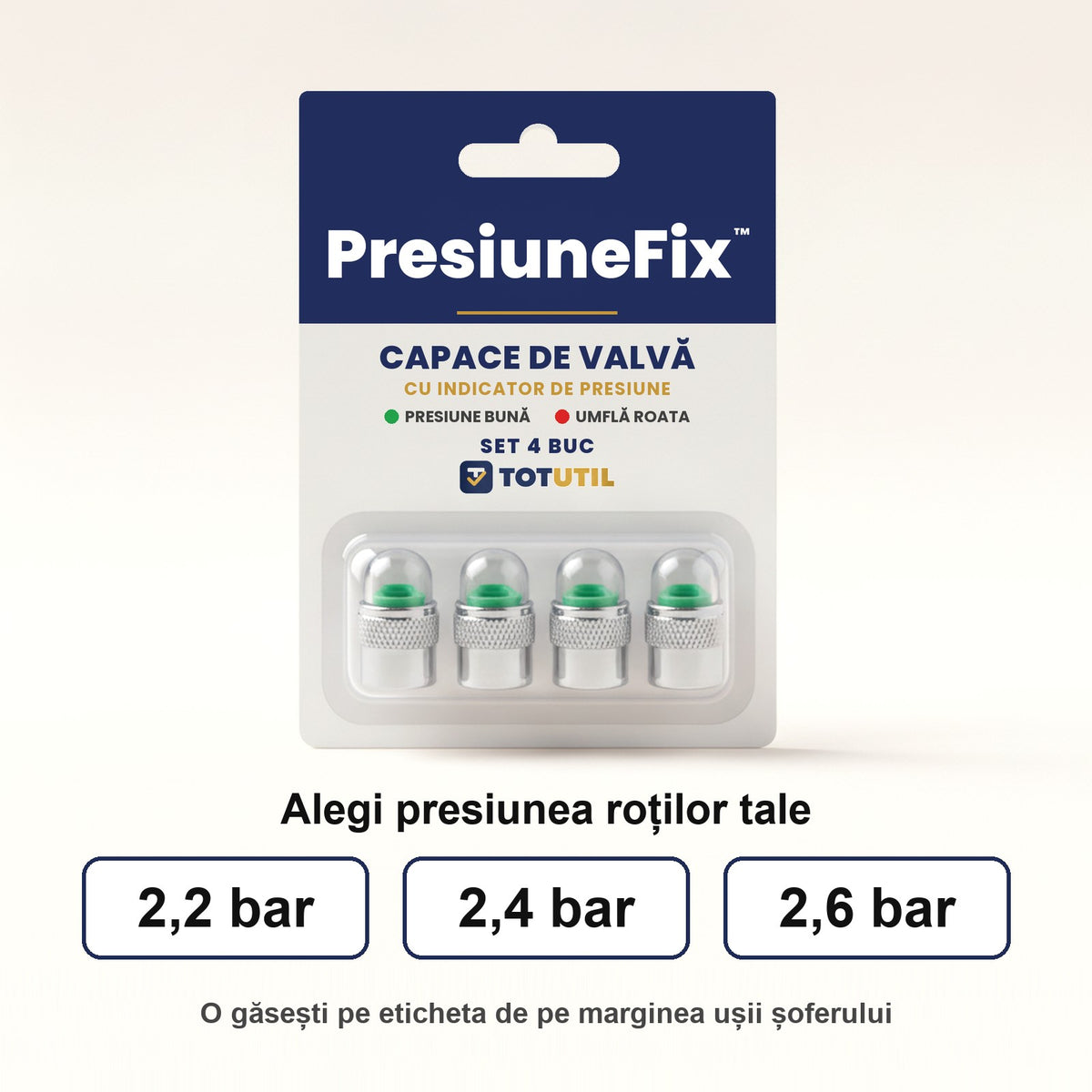 PresiuneFix™ – Capace de valvă cu indicator de presiune | vezi dintr-o privire dacă roata s-a lăsat