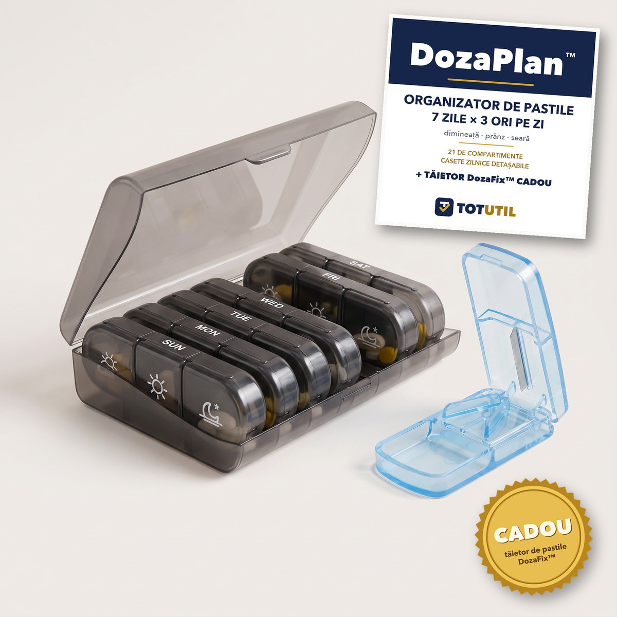 DozaPlan™ – Organizator pastile 7 zile × 3 ori pe zi + Tăietor DozaFix™ CADOU