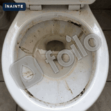 Vasul de toaletă murdar, apoi curat; peria veche murdară, apoi suportul Foilo pe perete