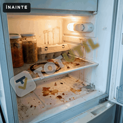 Raftul murdar pulverizat cu FrigoPur și șters cu laveta