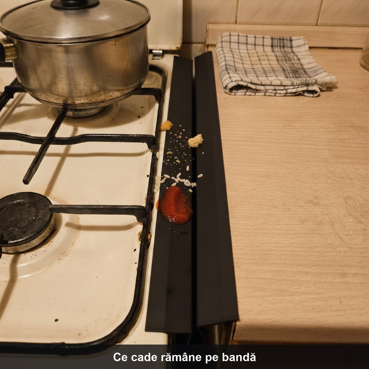 BlatScut™ – Garnitură de silicon între aragaz și blat | ce cade rămâne pe bandă, nu în rost