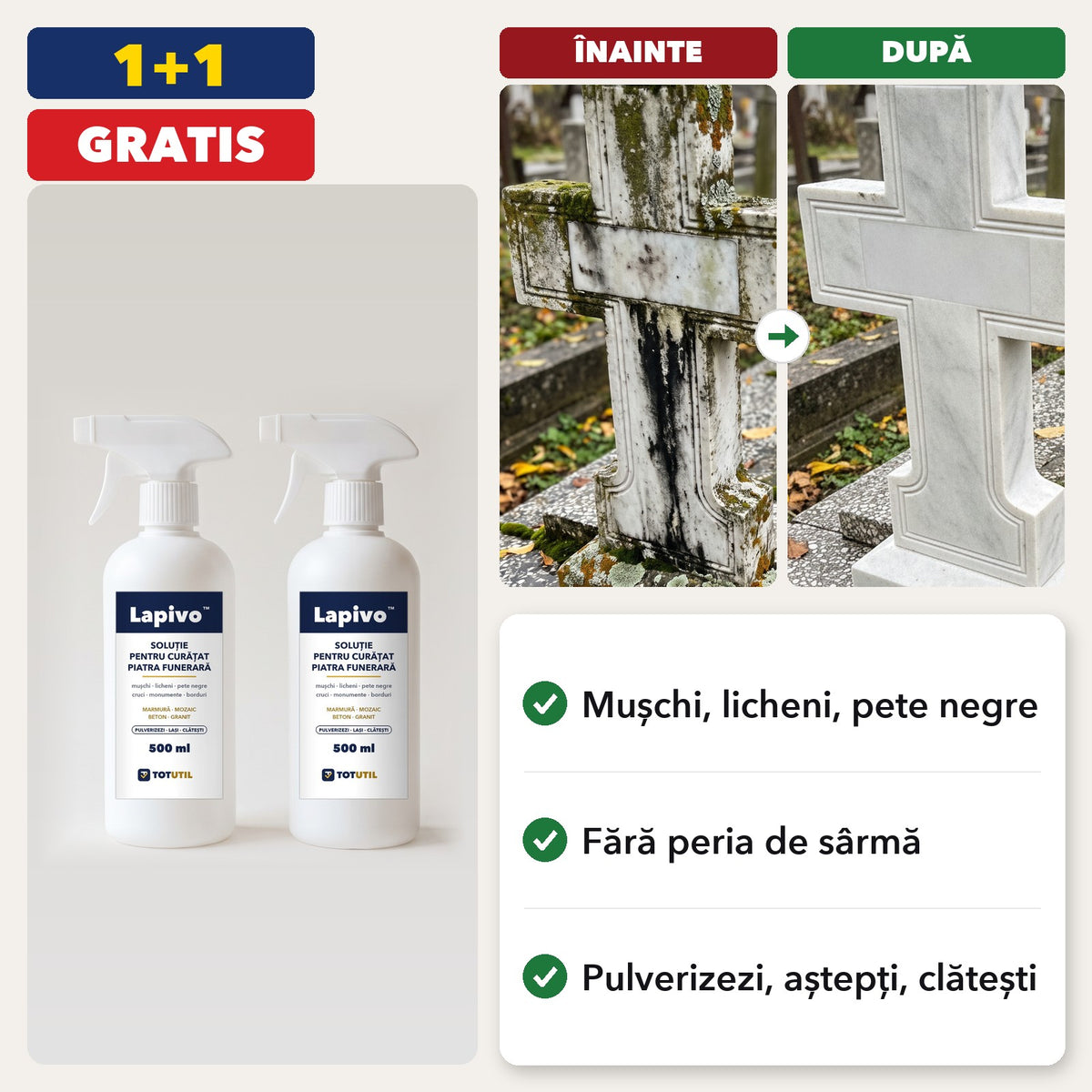 Lapivo™ – Soluție pentru curățat piatra funerară, crucea și monumentul | 1+1 GRATIS