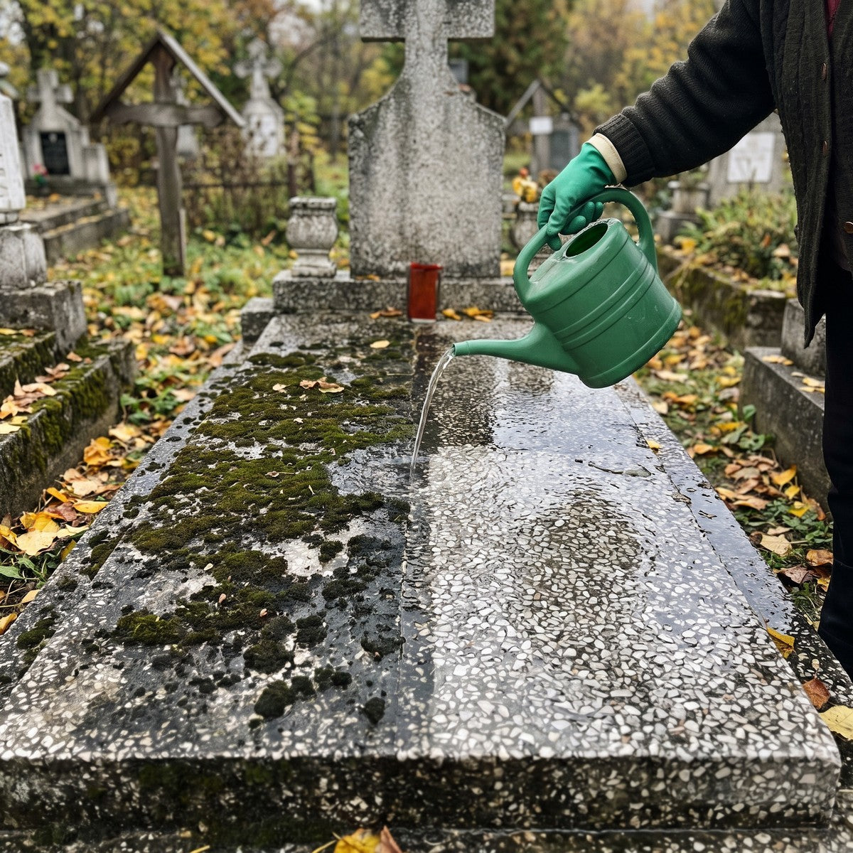 bordura de mozaic, pe jumătate curățată, clătită cu stropitoarea