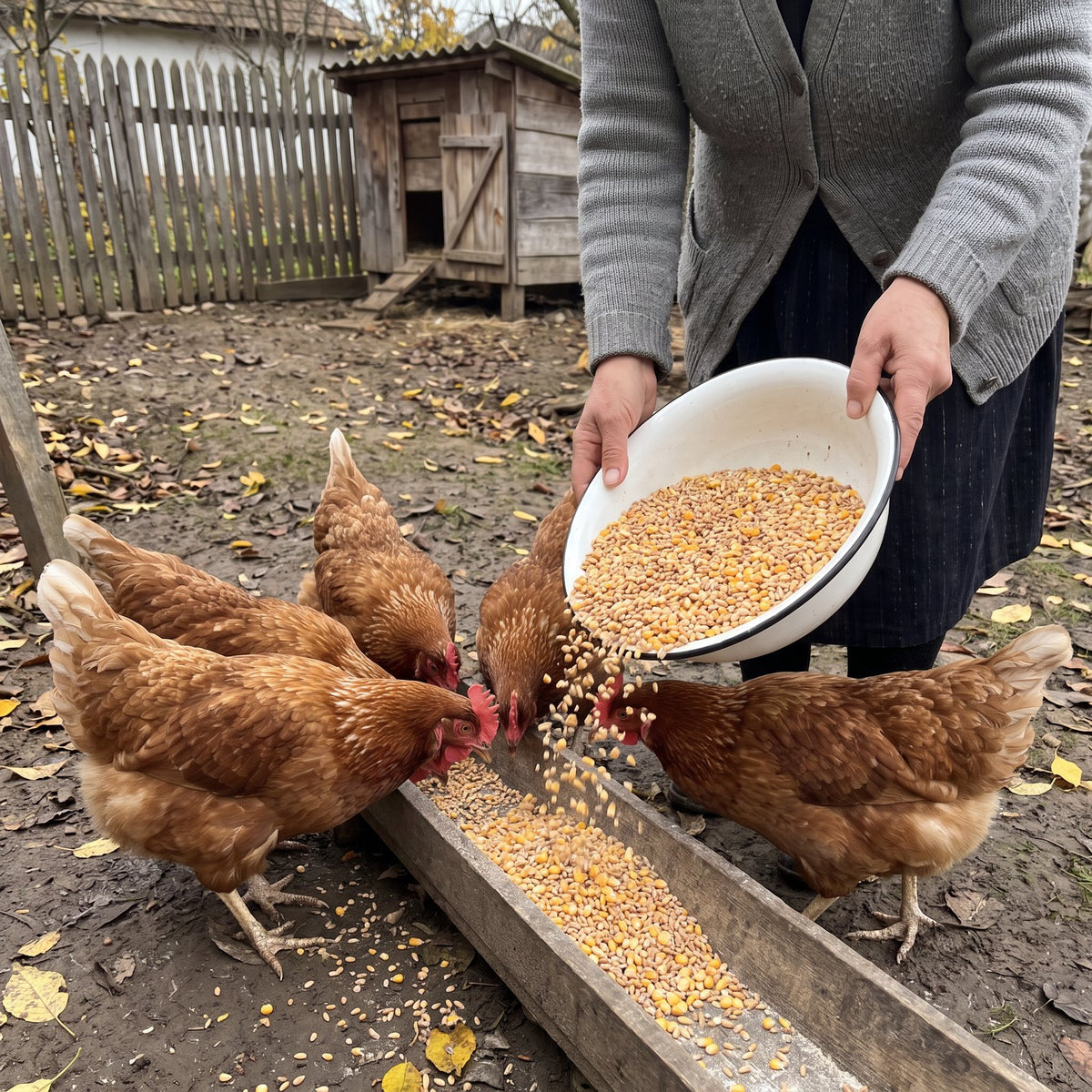 gospodina toarnă grăunțele cu OuăPlus în troacă, găinile mănâncă