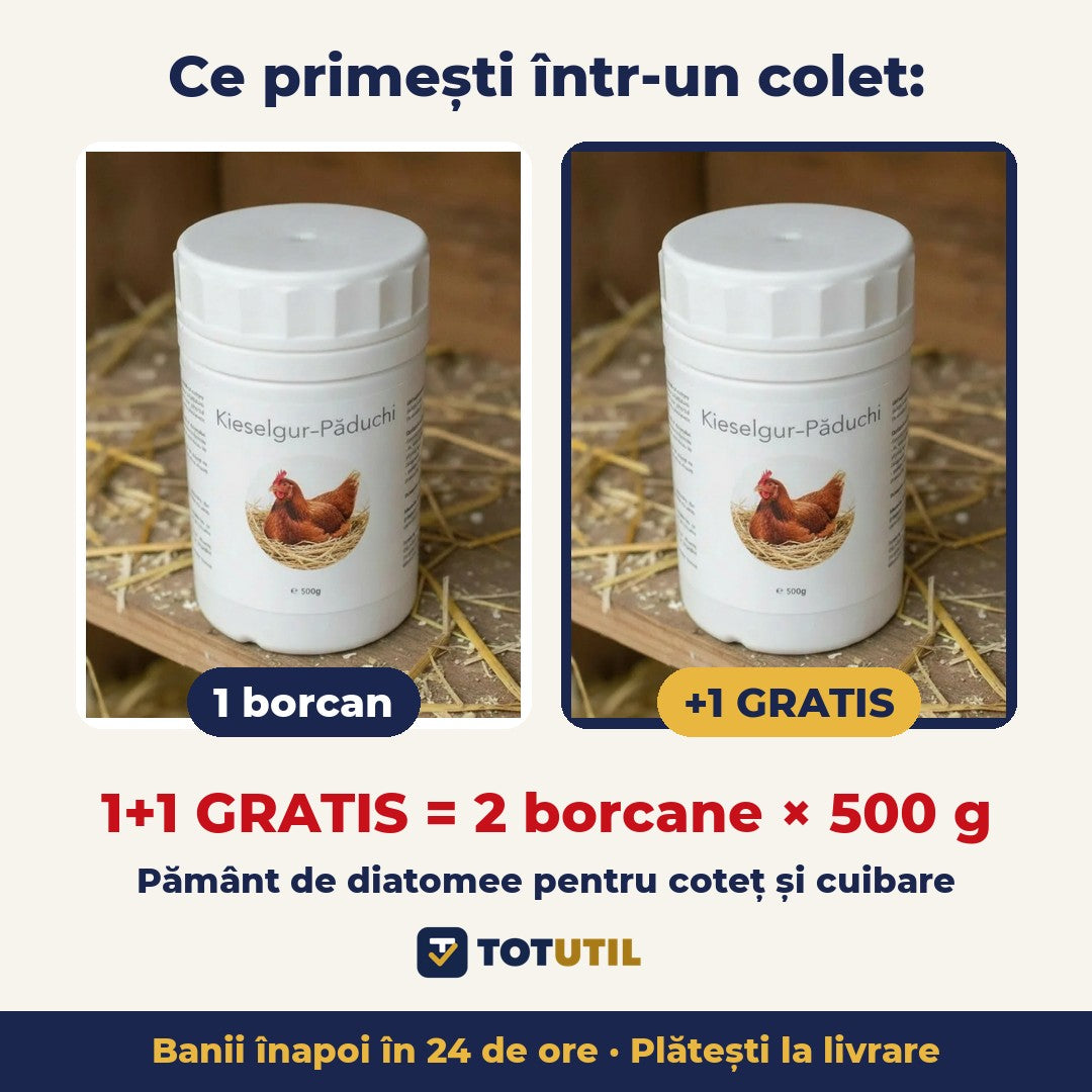 Pulbere împotriva păduchilor de găini pe bază de diatomee | 1+1 GRATIS, 2 borcane de 500 g