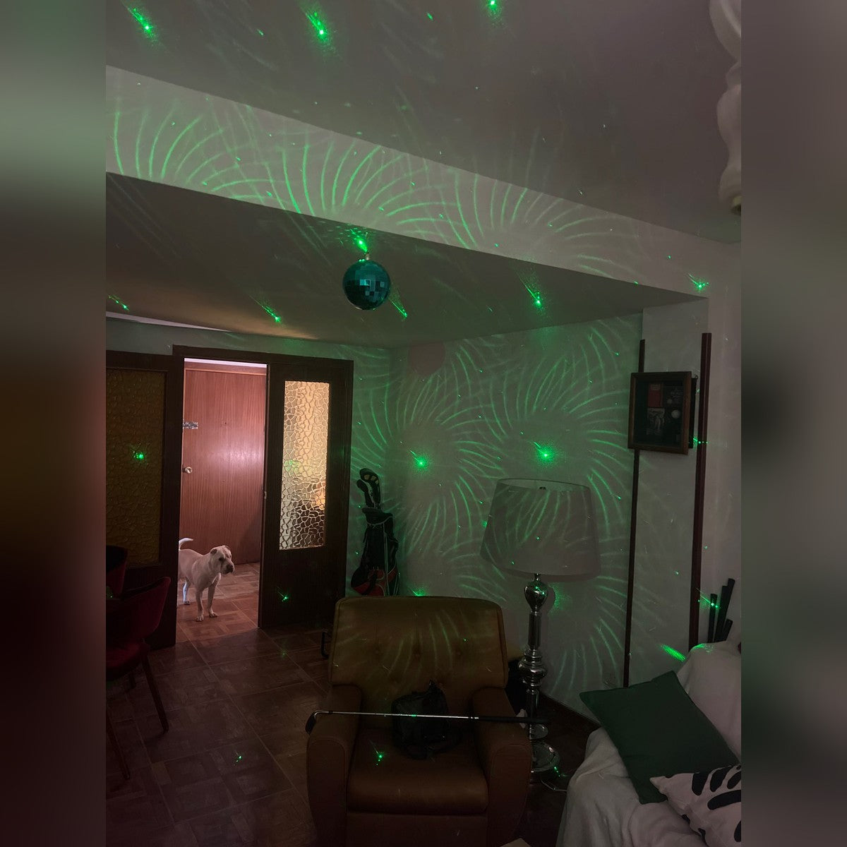 sufragerie cu pereții și tavanul pline de puncte laser verzi și roșii
