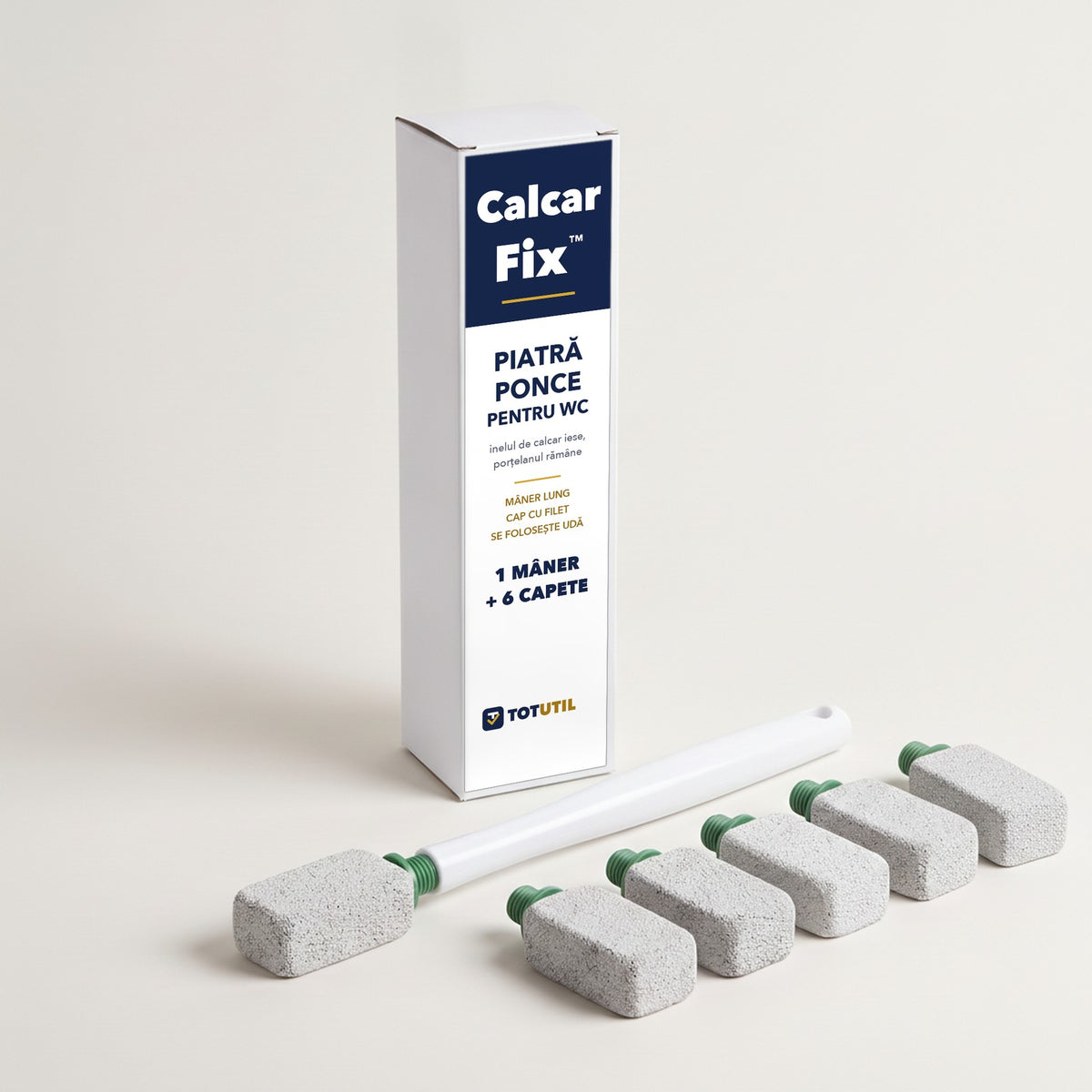 CalcarFix™ – Piatră ponce pentru WC, mâner + 6 capete | inelul de calcar iese, porțelanul rămâne alb